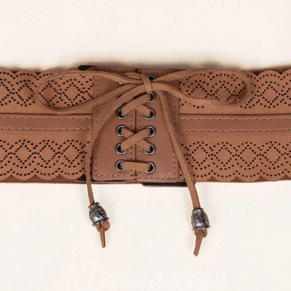 PU Wide Corset Laser Cut Hollow Out Brown Belt Boho - Picture 3 of 6